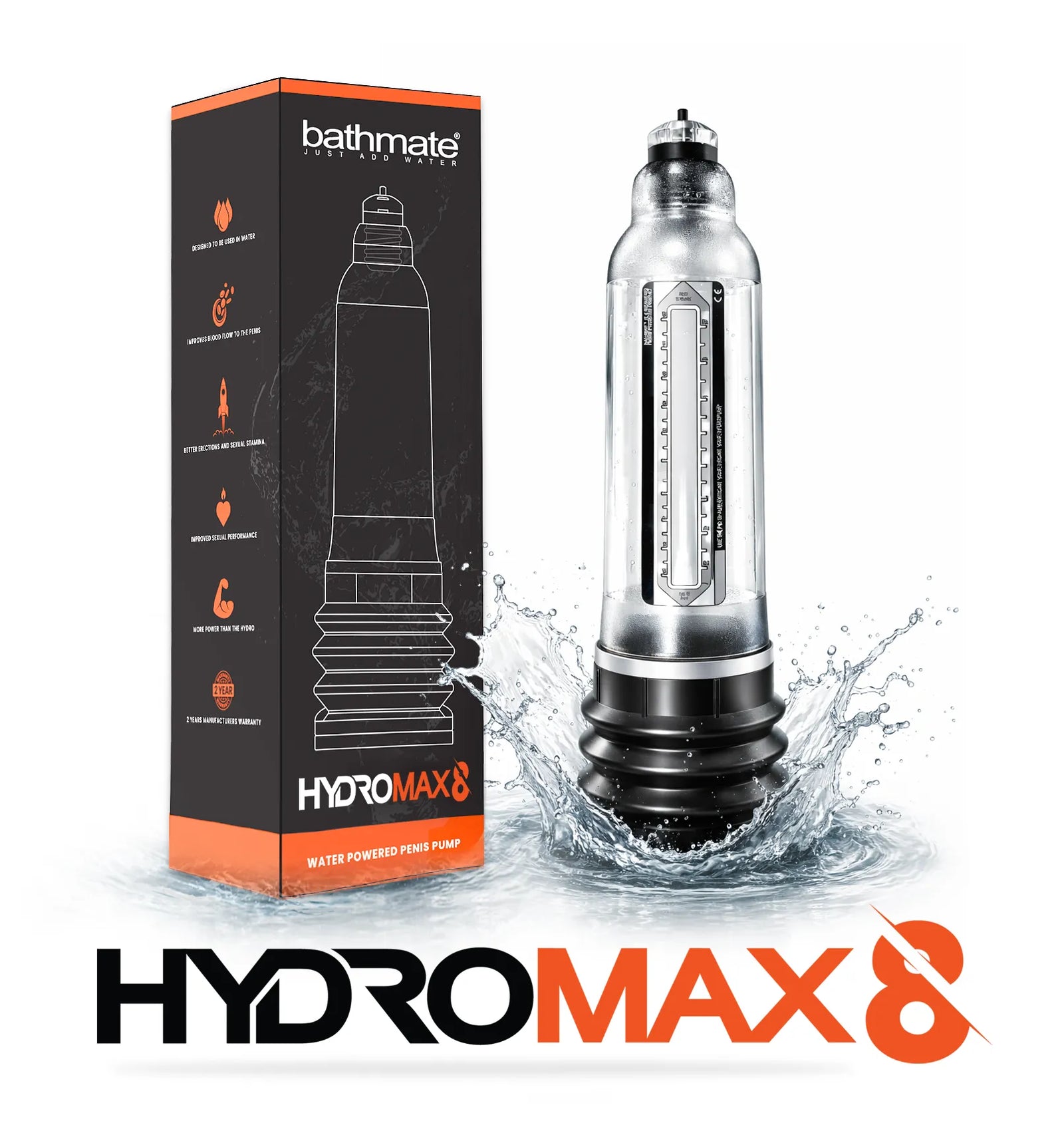 Bathmate Hydromax 8 pump with packaging on a white background