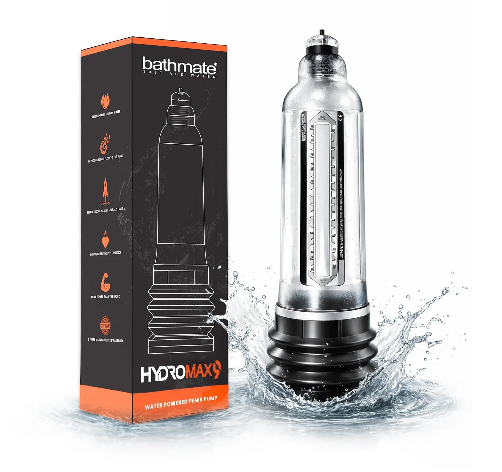 Bathmate Hydromax 9 pump with packaging on a white background