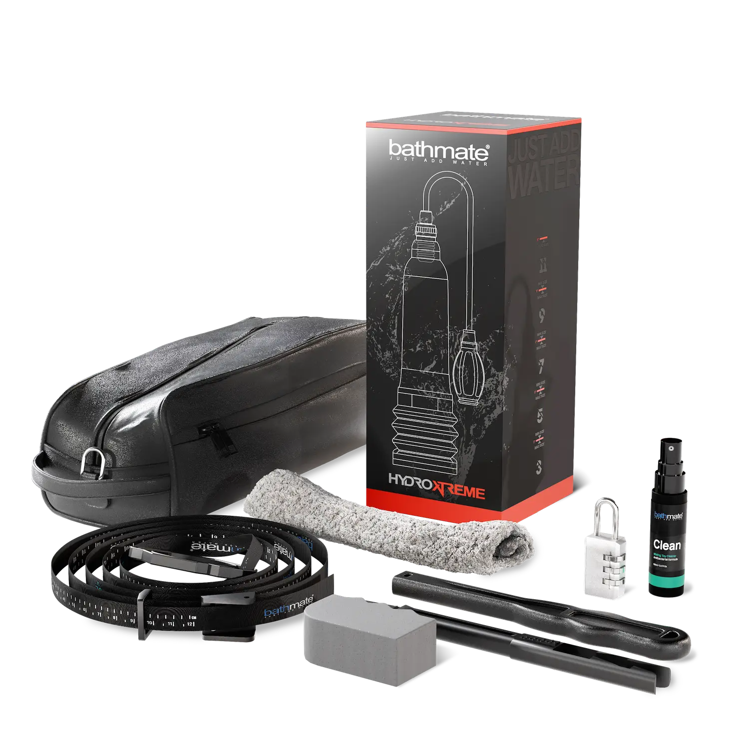 Bathmate HydroXtreme product set with packaging, black case, cleaning spray, and accessories on a white background.