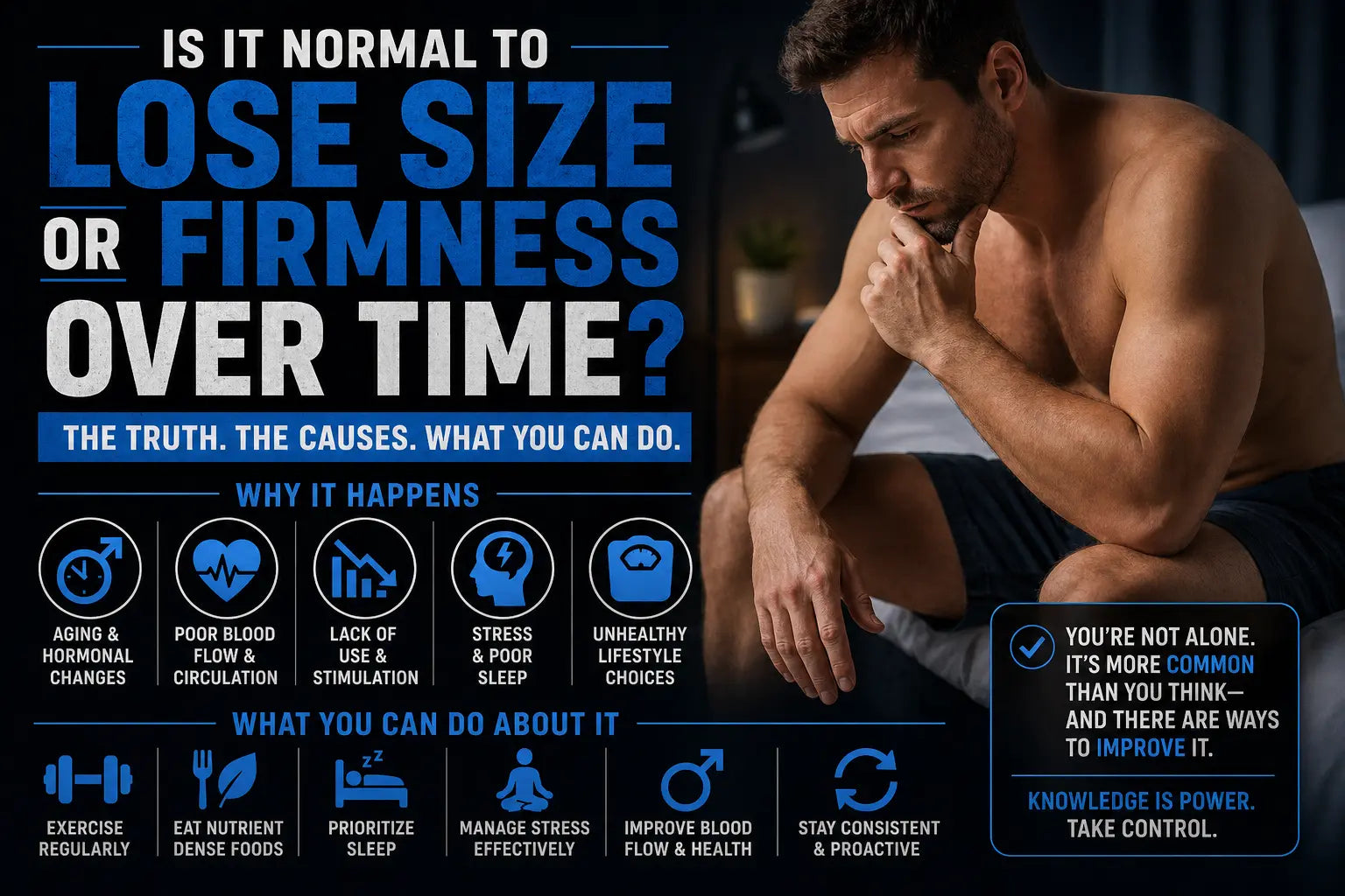 Is it normal to lose size or firmness over time, man sitting concerned with lifestyle and blood flow factors affecting male performance