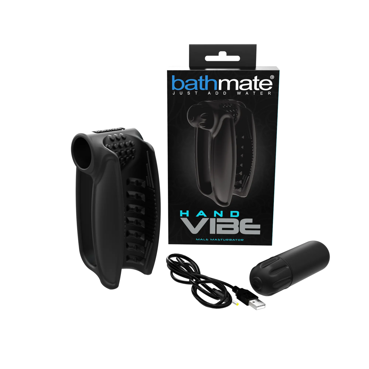 Bathmate Hand Vibe with packaging and USB cable on a white background
