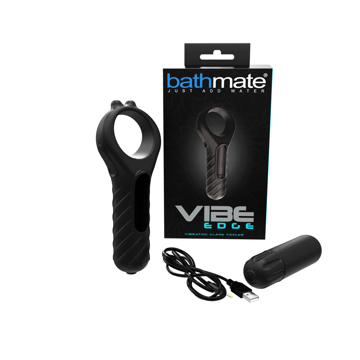 Bathmate Vibe Edge product with packaging and USB cable on a white background
